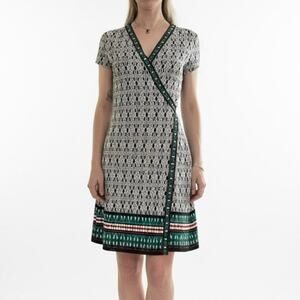 Max Studio Black & White Geometric Teal Trim V-Neck Mini Tie Back Wrap Dress